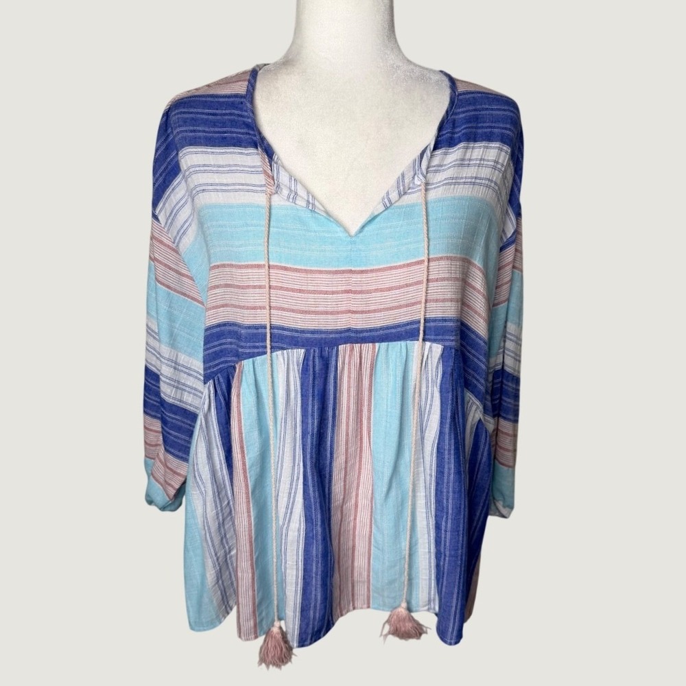 Crescent Boho Striped Babydoll Tunic Top M 100% Cotton Pink Tassel V-Neck Blouse